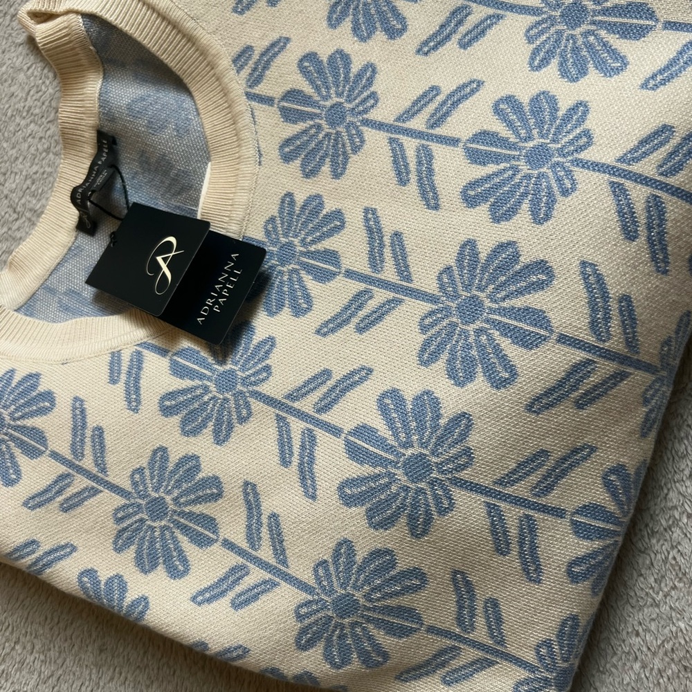 Adrianna Papell Cream and Blue Floral Sweater